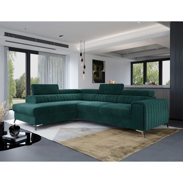 Зелен кадифен разтегателен ъглов диван с място за съхранение (ляв ъгъл L форма) Laurence – ELTAP-image-1