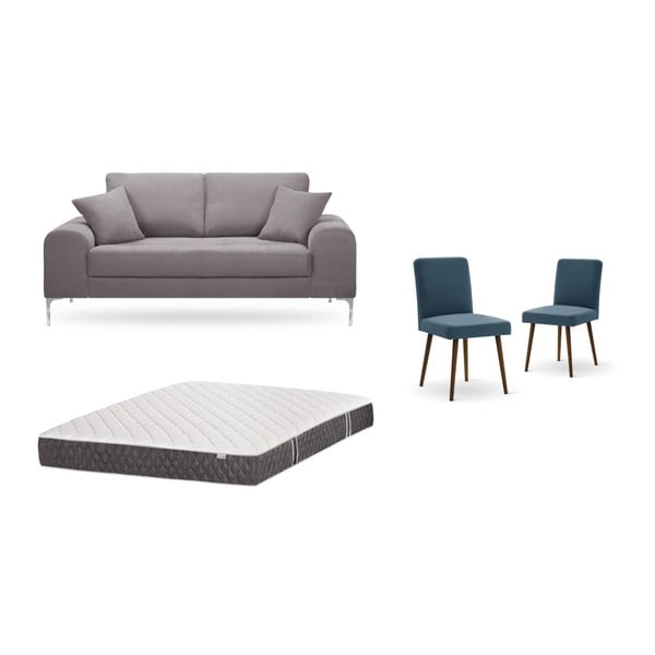 Комплект от двуместен кафяв диван, 2 сини стола и матрак 140 x 200 cm - Home Essentials