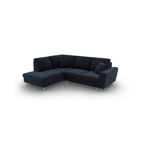Тъмносин кадифен разтегателен ъглов диван с място за съхранение (ляв ъгъл/L форма) Kyoto – Cosmopolitan Design-image-1