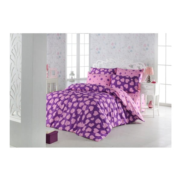 Спално бельо с чаршаф от памучна смес за двойно легло Pari Purple, 200 x 220 cm - Unknown