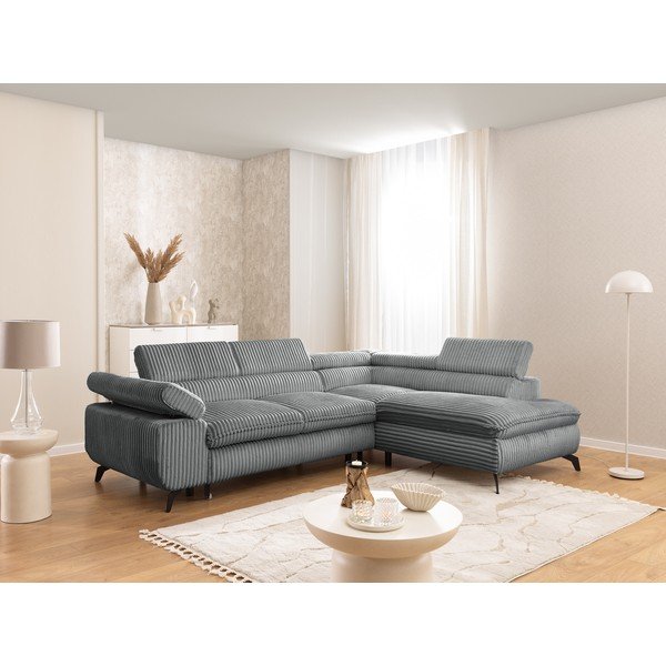 Сив ъглов диван от рипсено кадифе (десен ъгъл/L форма) Marbeya  – Ropez-image-1