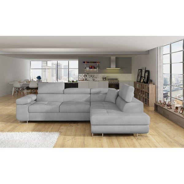 Светлосив кадифен разтегателен ъглов диван с място за съхранение (десен ъгъл L форма) Anton – ELTAP-image-1