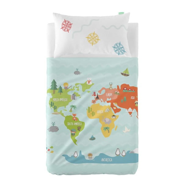 Комплект чаршаф и калъфка за възглавница от чист памук Карта на света 120 x 180 cm - Happynois