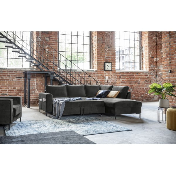 Тъмносив кадифен разтегателен ъглов диван (десен ъгъл) Lofty Lilly – Miuform-image-1