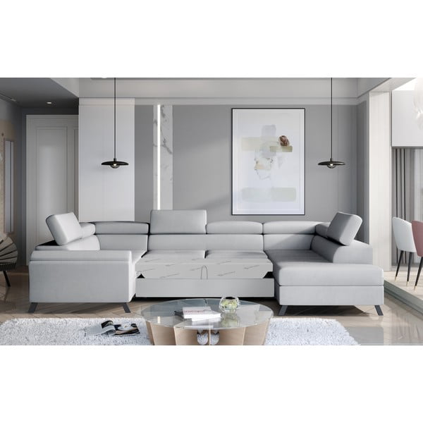 Светлосив кадифен разтегателен ъглов диван с място за съхранение (десен ъгъл U форма) Escada – ELTAP-image-2