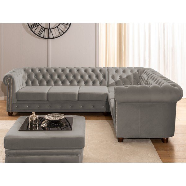 Сив кадифен сгъваем ъглов диван (десен ъгъл/L форма) York Blik – Ropez-image-4