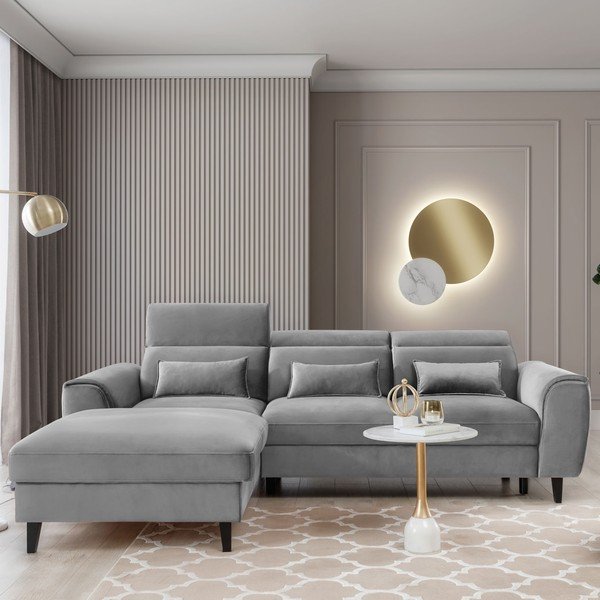 Сив кадифен разтегателен ъглов диван с място за съхранение (ляв ъгъл) Foble – ELTAP-image-1