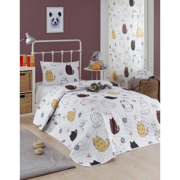 Комплект от покривка за легло и калъфка за възглавница с памучна смес Eponj Home Hello Cats White, 160 x 220 cm - Mijolnir