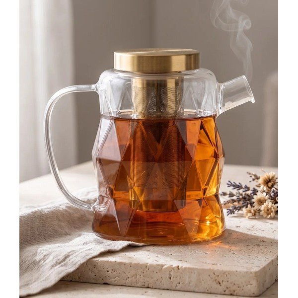 Стъклен чайник с цедка в златист цвят 1,3 l Geo – Vialli Design-image-1
