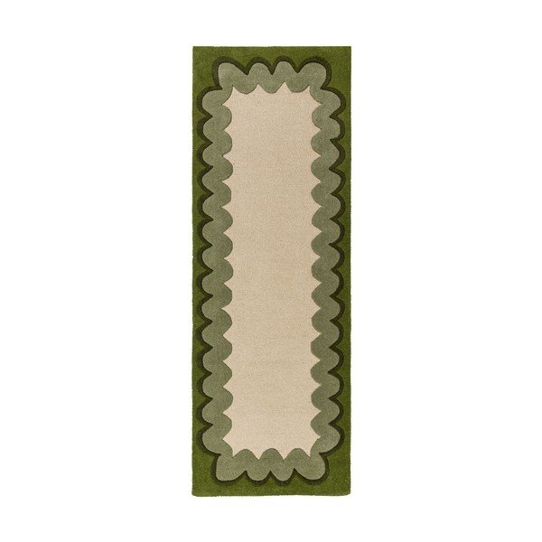 Зелена/в естествен цвят ръчно изработена вълнена пътека 80x230 cm Wiggle Wool – Flair Rugs