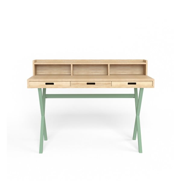 Pracovní stůl v dekoru dubového dřeva se zelenými kovovými nohami HARTÔ Hyppolite, 120 x 55 cm