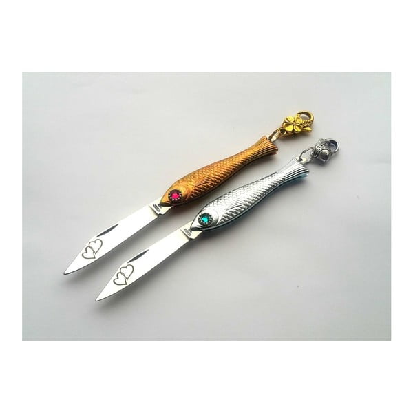 Комплект от 2 чешки ножа за риба от сребро и злато с карабинер и примка Сърца по дизайн на Александра Детинска - Alexandra Dětinská