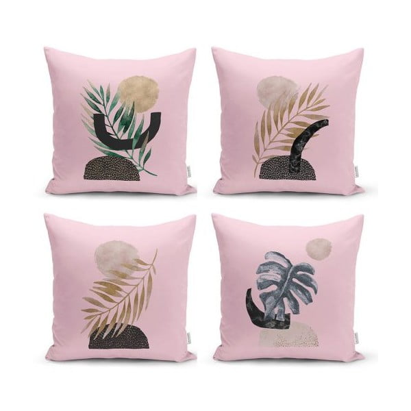 Комплект от 4 декоративни калъфки за възглавници Geometric Leaf Pink, 45 x 45 cm - Minimalist Cushion Covers