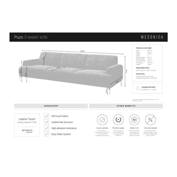 Сив диван от изкуствена кожа , 240 см Puzo - MESONICA-image-4