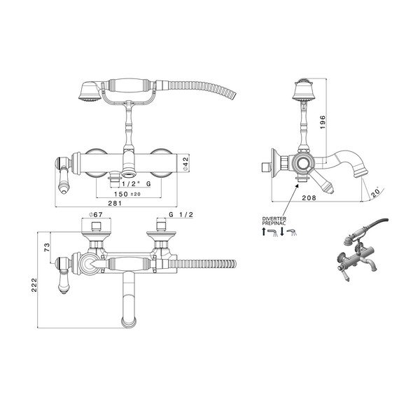 Стенна батерия за вана в лъскаво-сребрист цвят (2 изхода) Vienna – Sapho-image-1