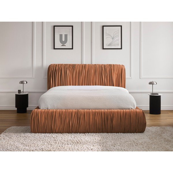 Оранжево тапицирано двойно легло с място за съхранение с включена подматрачна рамка 180x200 cm Blair – Bobochic Paris-image-1