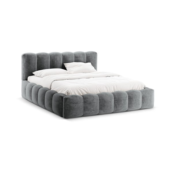 Сиво тапицирано двойно легло с място за съхранение с включена подматрачна рамка 160x200 cm Lupine – Micadoni Home-image-3
