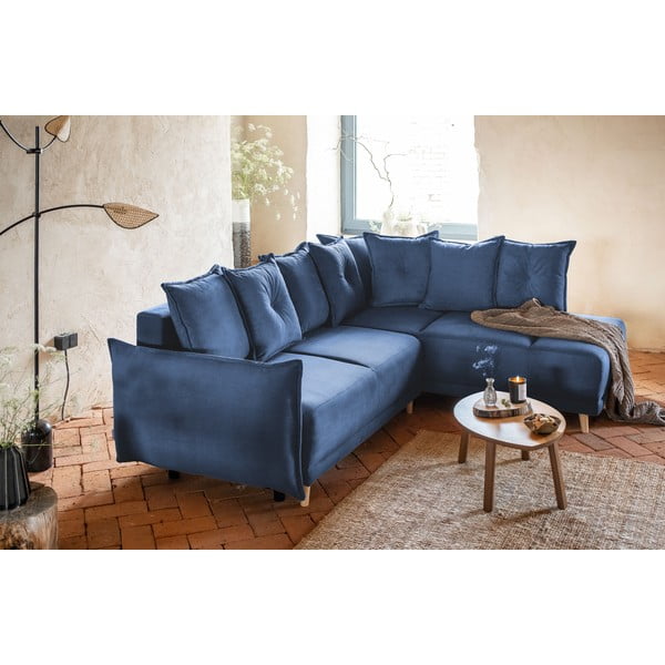 Тъмносин ъглов разтегателен диван от велур (десен ъгъл) Lazy Lukka - Miuform-image-3