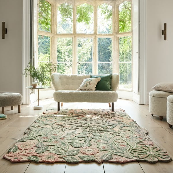 Зелен ръчно изработен вълнен килим 160x230 cm Bryony Shaped Floral – Flair Rugs-image-1