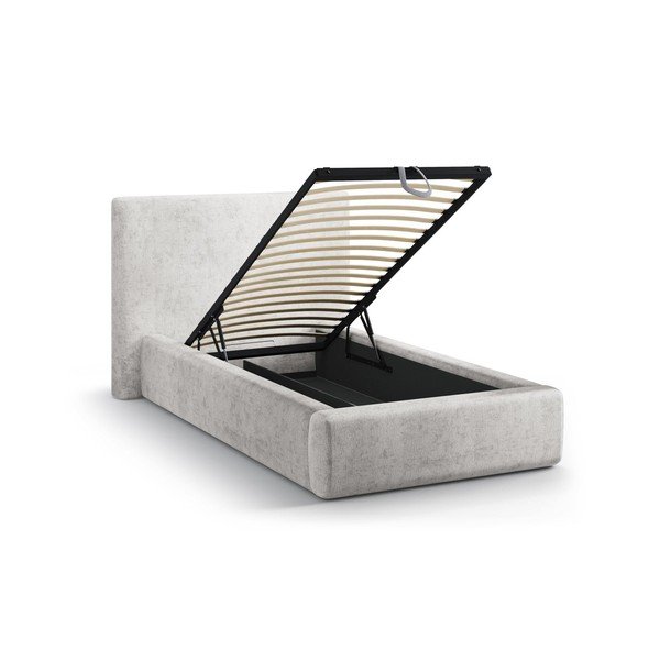 Светлосиво единично легло 90x200 cm тапицирано с място за съхранение с включена подматрачна рамка Amy – Micadoni -image-1