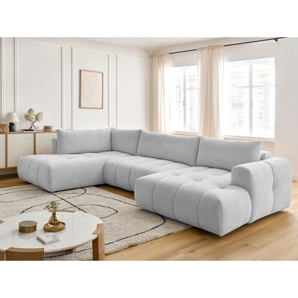 Светлосив сгъваем/с място за съхранение ъглов диван (ляв ъгъл/U форма) Fuji – Bobochic Paris-image-1