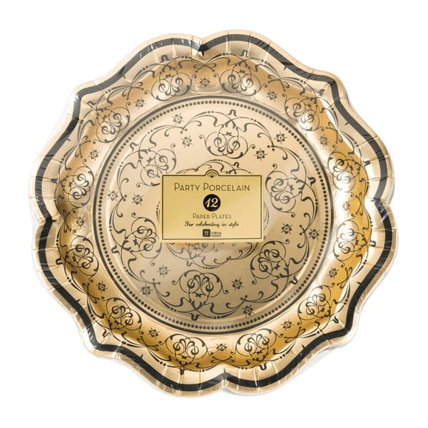 Sada 12 zlato-černých papírových talířů Talking Tables Baroque