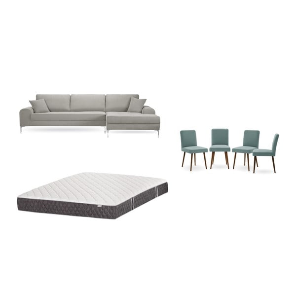 Комплект от светлосив диван с мързелив диван вдясно, 4 сиво-зелени стола и матрак 160 x 200 cm - Home Essentials