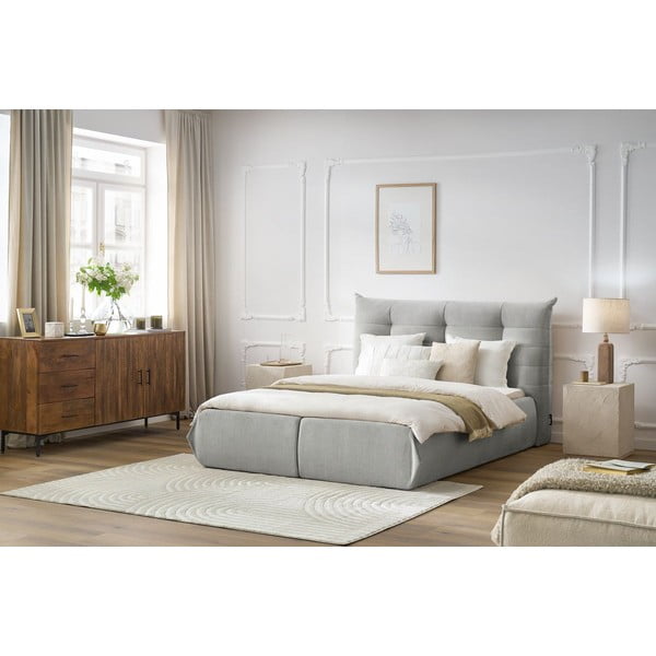 Светлосиво тапицирано двойно легло с място за съхранение с решетка 160x200 cm Clothilde - Bobochic Paris-image-1