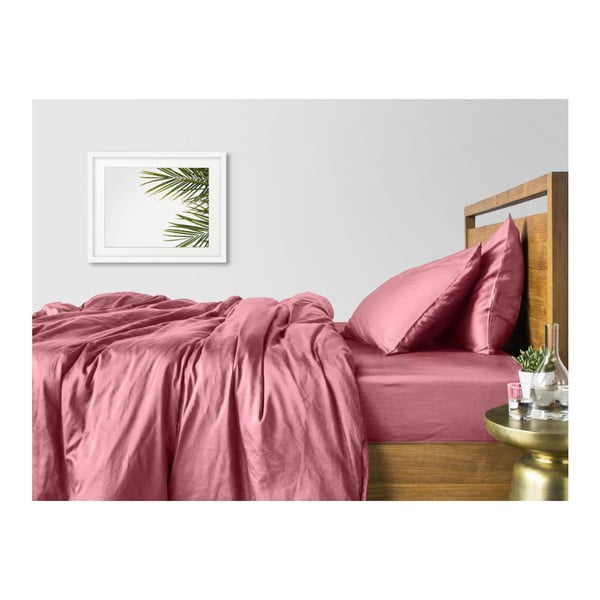 Розово сатенено спално бельо за двойно легло с розов чаршаф Jalo, 200 x 220 cm - COSAS