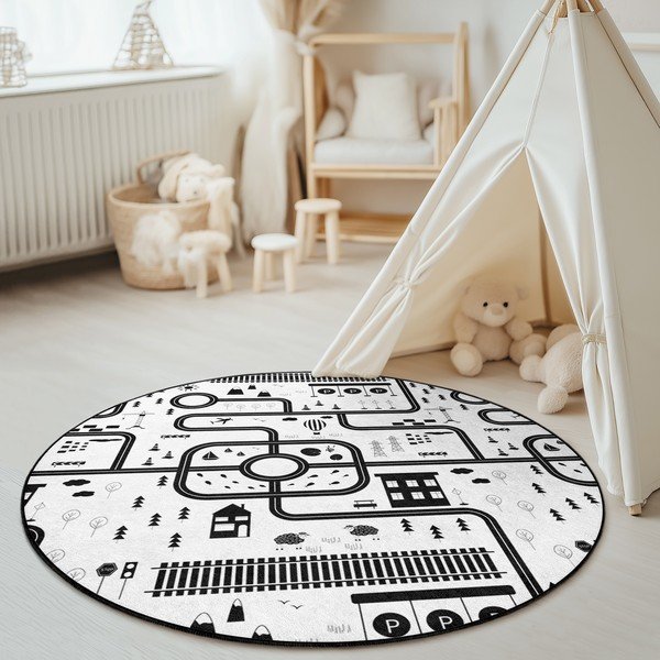 Черно-бял детско килимче за игра подходящо за пране ø100 cm In My Town – Mila Home-image-1