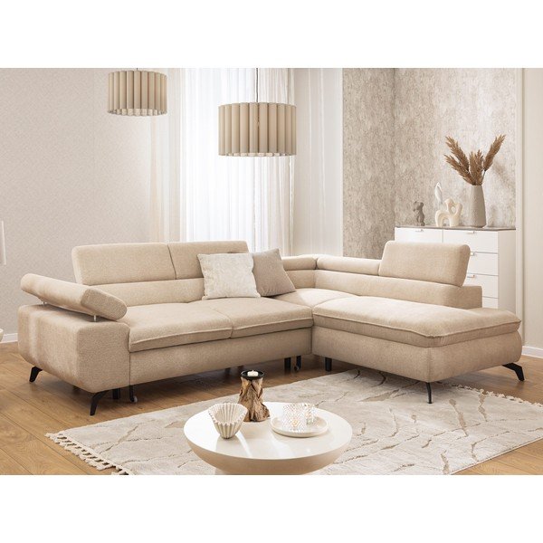 Бежов шенилов ъглов диван (десен ъгъл/L форма) Marbeya  – Ropez-image-1