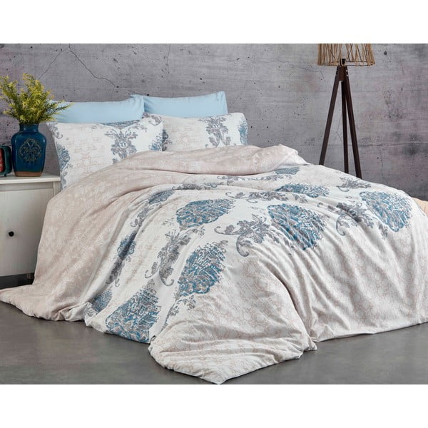 Синьо-бежово памучно спално бельо за двойно легло 200x200 cm Daisy - Mijolnir