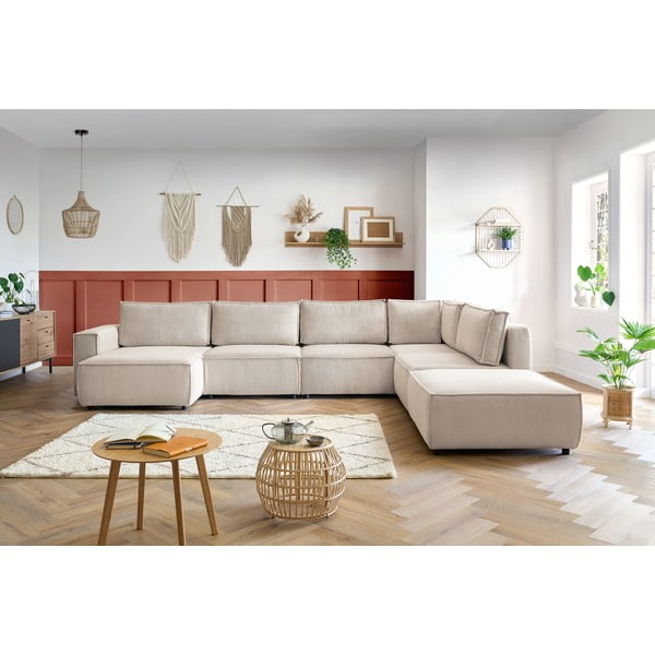 Кремав ъглов U-образен диван от велур, десен ъгъл Nihad modular - Bobochic Paris-image-1