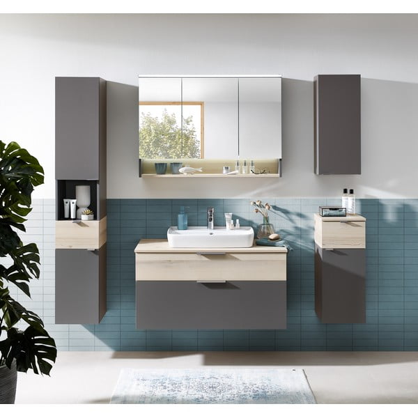 Нисък стенен шкаф за баня от декор от бор в сив и естествен цвят 72x30 cm Quickset 394 – Pelipal-image-1