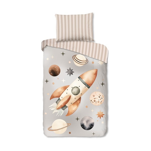 Сиво-бежово единично  памучно детско спално бельо 140x200 cm Explore – Good Morning