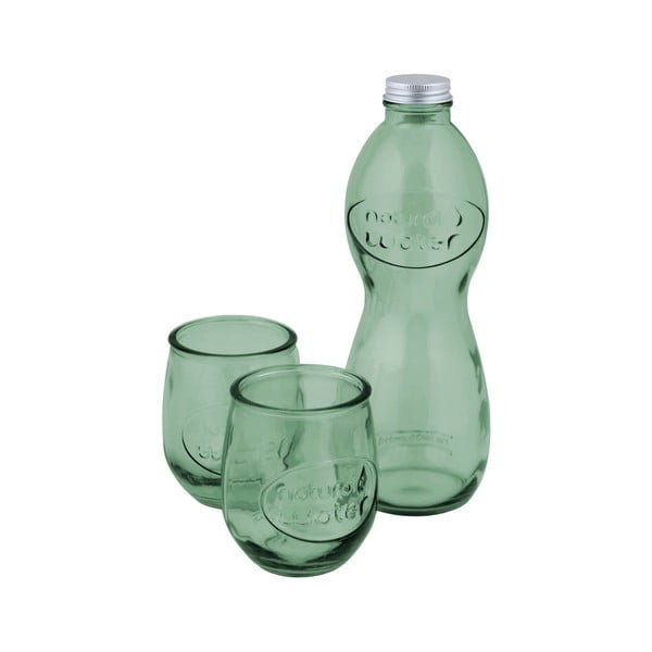 Комплект от светлозелена бутилка за вода и 2 чаши за вода от рециклирано стъкло - Ego Dekor
