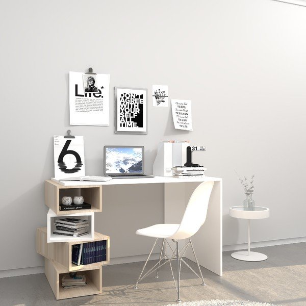 Бяла работна маса със светлокафяви детайли Damon, широчина 120 cm - Homemania-image-1