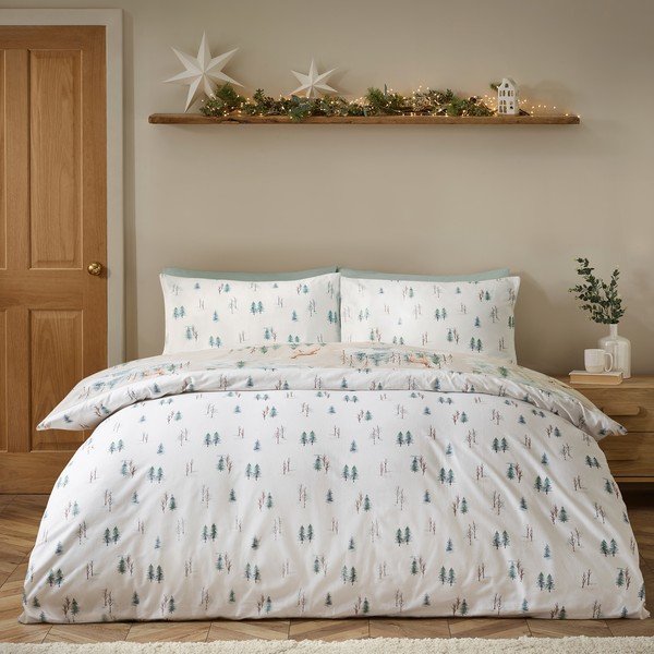 Единично  фланелено спално бельо в естествен цвят 135x200 cm Brushed Christmas Deer – Catherine Lansfield-image-1