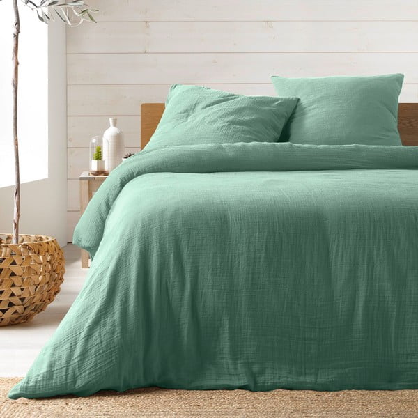 Светлозелено удължено муселиново спално бельо за двойно легло 240x260 cm Angelia – douceur d'intérieur