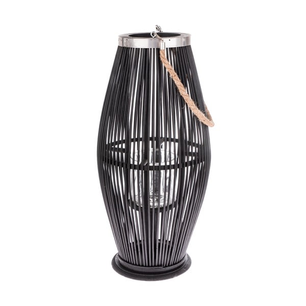Фенер от черно стъкло с бамбукова структура, височина 59 cm - Dakls