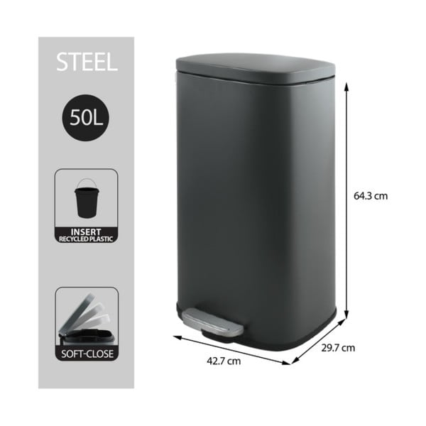 Тъмносиво стоманено кошче за боклук с педал 50 l   Akira – Spirella-image-2