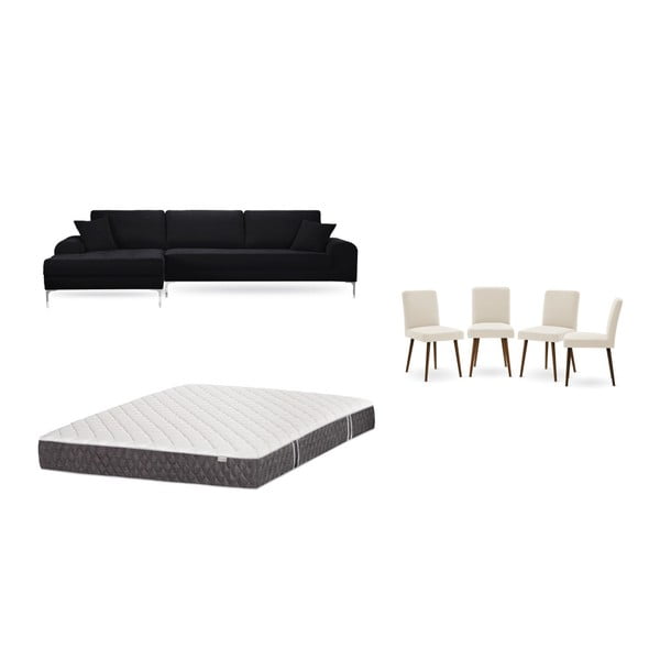 Комплект от черен диван с ляво кресло, 4 кремави стола и матрак 160 x 200 cm - Home Essentials