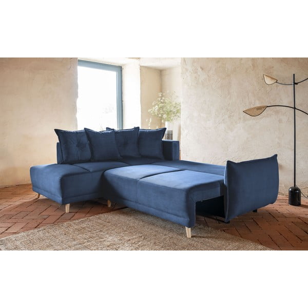 Тъмносин ъглов разтегателен диван от велур (ляв ъгъл) Lazy Lukka - Miuform-image-4