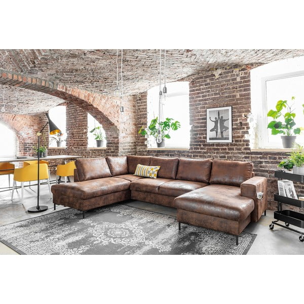 Кафяв U-образен разтегателен диван с имитация на кожа Vintage, ляв ъгъл Lofty Lilly - Miuform-image-3