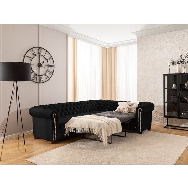 Черен кадифен сгъваем ъглов диван (десен ъгъл/L форма) York Blik – Ropez-image-4