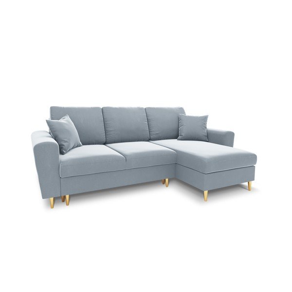 Светлосин кадифен разтегателен ъглов диван с място за съхранение Kyoto – Cosmopolitan Design