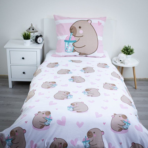 Розово единично  памучно детско спално бельо 140x200 cm Kapybara – Jerry Fabrics-image-2