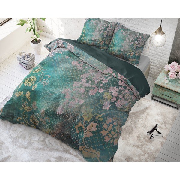 Zelené bavlněné povlečení na jednolůžko Pure Cotton Tiran Flower, 140 x 200 cm-image-1