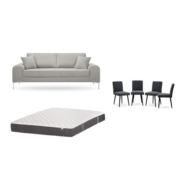 Комплект от триместен светлосив диван, 4 антрацитно сиви стола и матрак 160 x 200 cm - Home Essentials