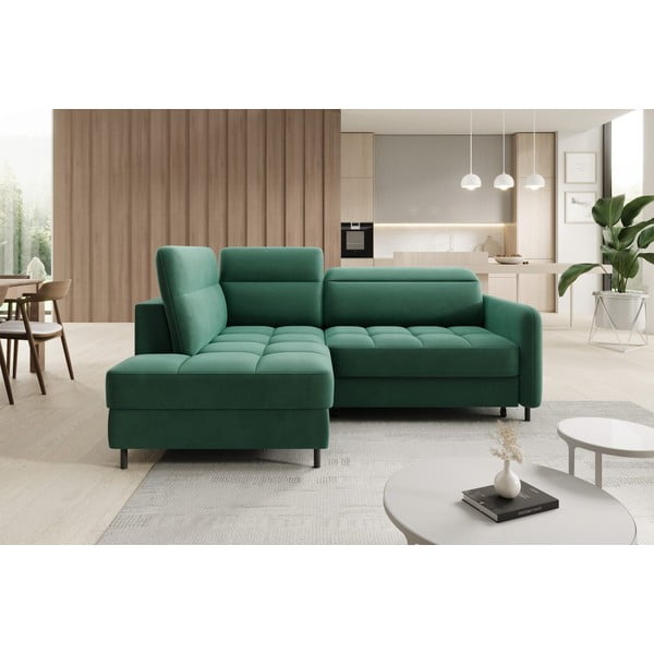 Зелен кадифен разтегателен ъглов диван с място за съхранение (ляв ъгъл L форма) Barea – ELTAP-image-1
